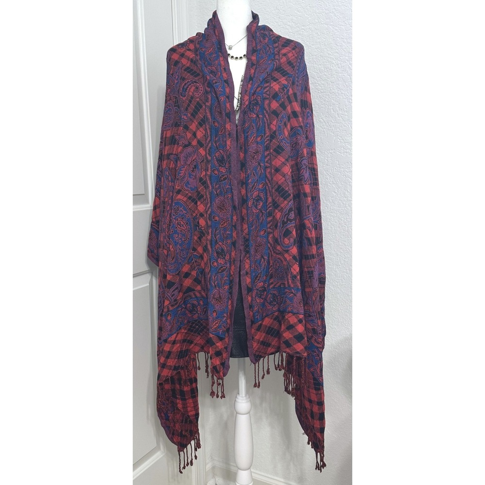 Kashmiri Gipsy Folk Boho Red Blk Buffalo Plaid Paisley Tassel Shawl Wrap 80x40"